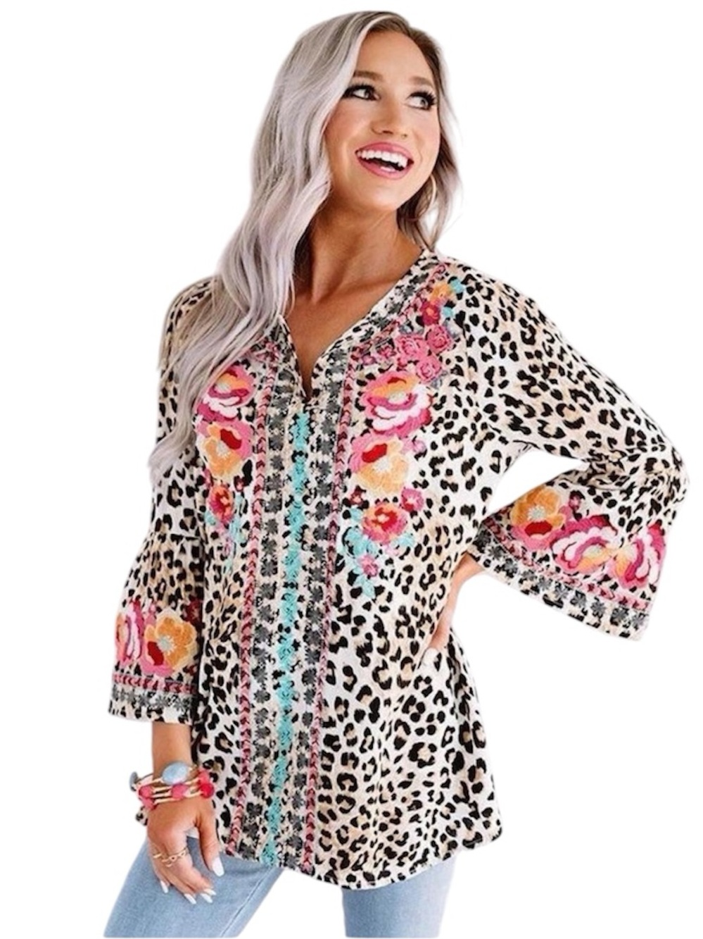 Savanna Jane Leopard Print Floral Embroidered Bell Sleeve Boho Tunic Blouse 2X